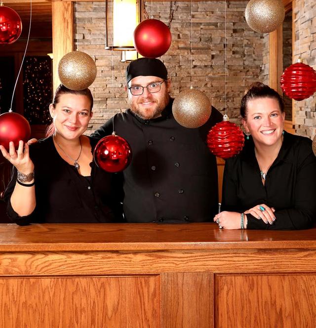 Behind the bar at the Community Restaurant, decorated for the holidays
