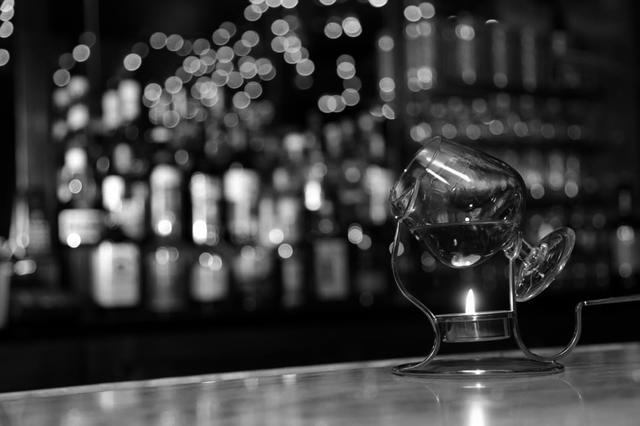The bar at the Community Restaurant, black and white